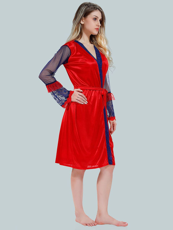 Be You Solid Lace Details Satin Nighty with Robe