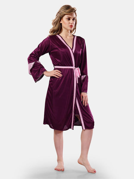 Be You Solid Lace Details Satin Nighty with Robe