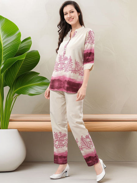 Be You Printed Mandarin Collar Tunic With Trousers