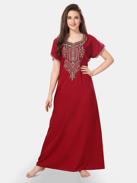 Be You Ethnic Motifs Embroidered Maxi Nightdress