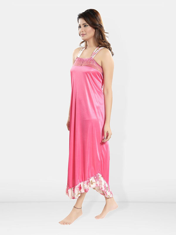 Be You Set Of 5 Self Design Shoulder Strap Satin Maxi Nightdress