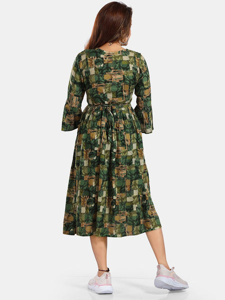 Be You Floral Printed Round Neck Bell Sleeves Maternity Fit & Flare Midi Dress