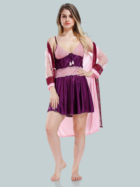 Be You Solid Lace Details Satin Nighty with Robe
