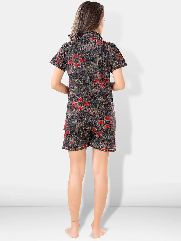 Be You Women Black & Red Printed Pajama & Shorts with Shirt Night Suits