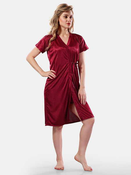 Be You Solid Lace Details Satin Nighty with Robe