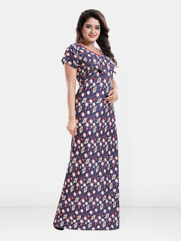 Be You Geometric Printed Satin Maternity Feeding Maxi Nightdress