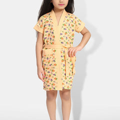 Be You Strawberry Print Cream Conversational Cotton Drawstring Knee Length Bath Robe