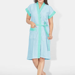 Be You Two-Tone Blue Solid Cotton Drawstring Knee Length Bath Robe