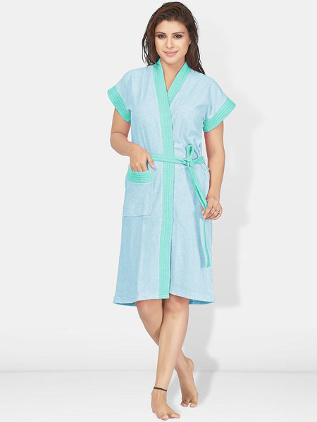 Be You Two-Tone Blue Solid Cotton Drawstring Knee Length Bath Robe