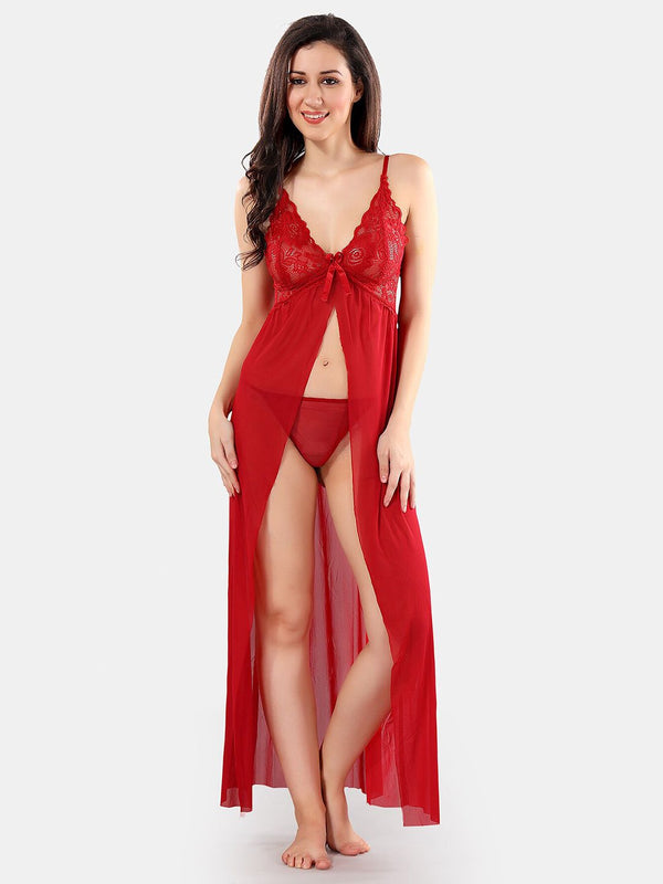 Be You Net Self Design Baby Doll Dress With Thong