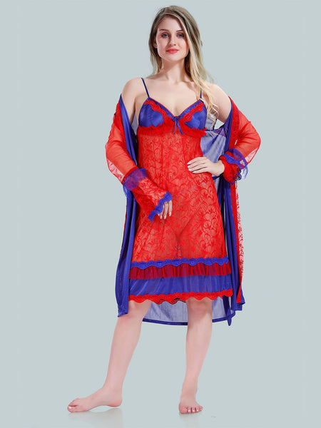 Be You Solid Lace Details Satin Nighty with Robe