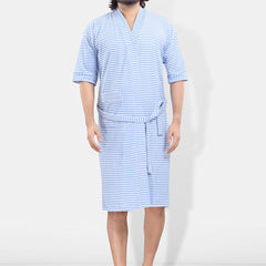 Be You Blue Striped Cotton Drawstring Knee Length Bath Robe-3XL
