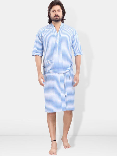Be You Blue Striped Cotton Drawstring Knee Length Bath Robe-3XL