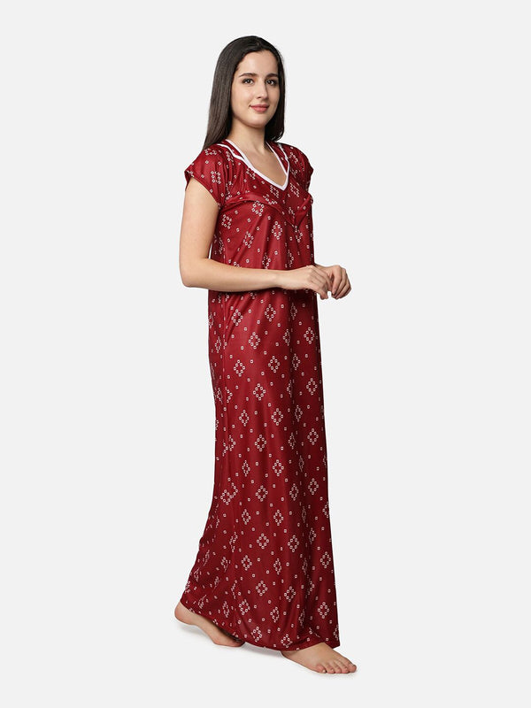 Be You Women Maroon Printed Maternity Maxi Nightdress
