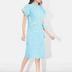 Be You Blue Striped Cotton Drawstring Knee Length Bath Robe-2XL