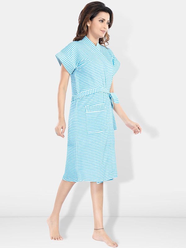Be You Blue Striped Cotton Drawstring Knee Length Bath Robe-2XL