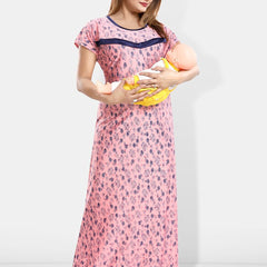 Be You Floral Printed Round Neck Satin Maternity Maxi Nightdress