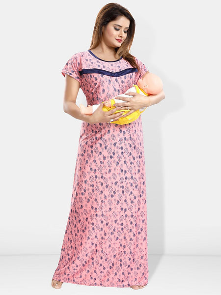 Be You Floral Printed Round Neck Satin Maternity Maxi Nightdress