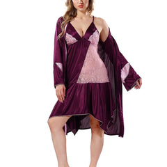Be You Solid Lace Details Satin Nighty with Robe