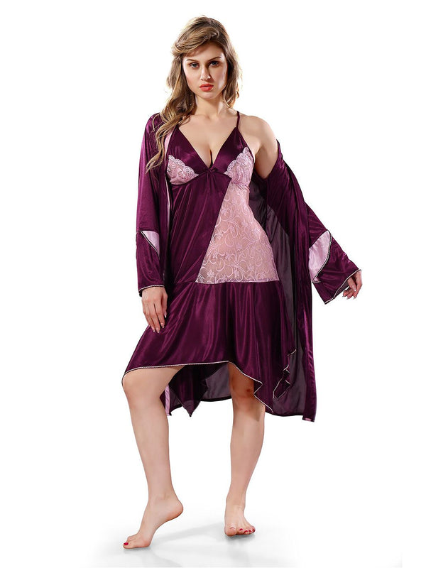Be You Solid Lace Details Satin Nighty with Robe