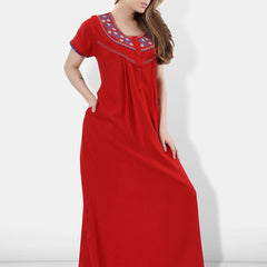 Be You Women Red Embroidered Maxi Nightdress