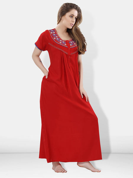 Be You Women Red Embroidered Maxi Nightdress