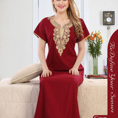 Be You Maroon Embroidered Maxi Nightdress
