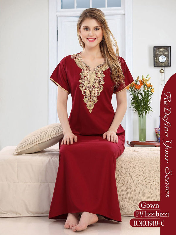 Be You Maroon Embroidered Maxi Nightdress