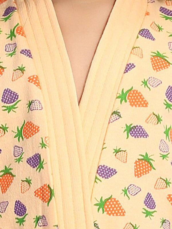 Be You Strawberry Print Cream Conversational Cotton Drawstring Knee Length Bath Robe
