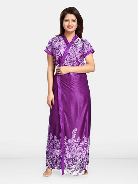 Be You Women Printed V-Neck Maxi Nightdress with Robe