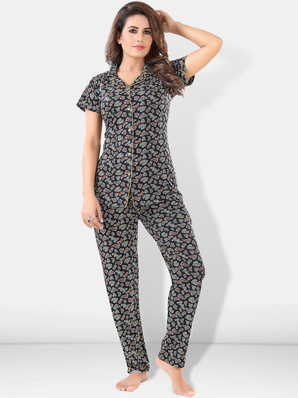 Be You Women Black & Blue Printed Pajama & Shorts with Shirt Night Suits