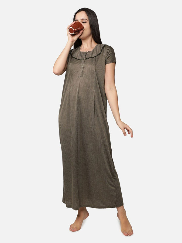 Be You Women Brown Striped Maxi Maternity Nightdress