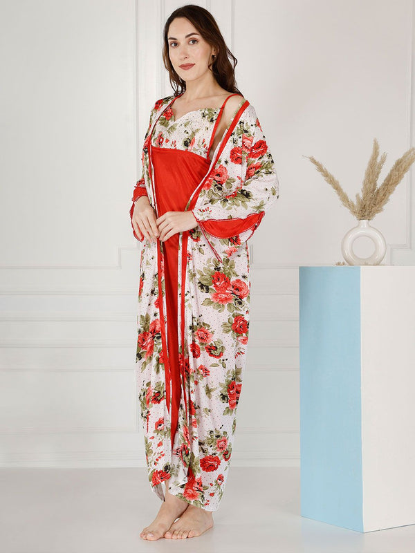 Be You Floral Printed Shoulder Straps Satin Maxi Nightdress With Robe