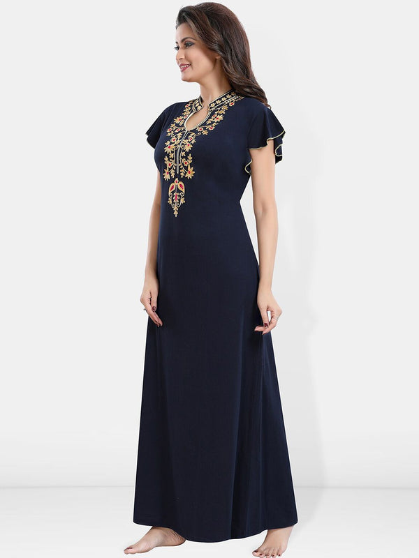 Be You Floral Embroidered Mandarin Collar Maxi Nightdress
