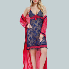 Be You Solid Lace Details Satin Nighty with Robe