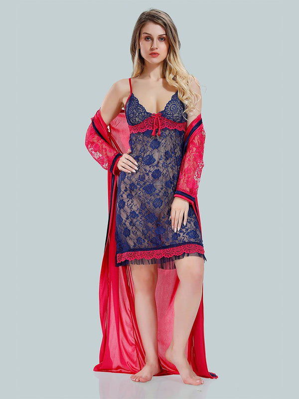 Be You Solid Lace Details Satin Nighty with Robe