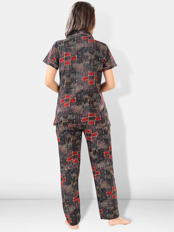 Be You Women Black & Red Printed Pajama & Shorts with Shirt Night Suits