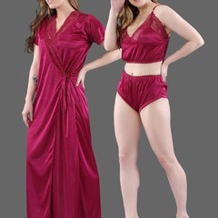 Be You Magenta Maxi Satin 3 Piece Nightdress
