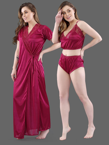 Be You Magenta Maxi Satin 3 Piece Nightdress
