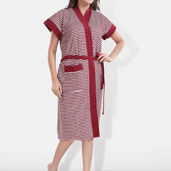 Be You Maroon Striped Cotton Drawstring Knee Length Bath Robe-2XL