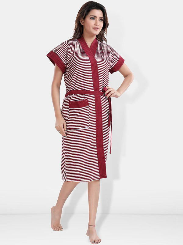 Be You Maroon Striped Cotton Drawstring Knee Length Bath Robe-2XL