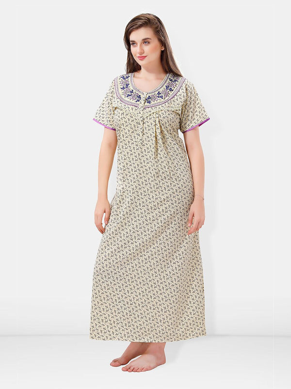 Be You Floral Printed Embroidered Maxi Nightdress
