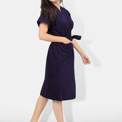 Be You Navy Blue Solid Cotton Drawstring Knee Length Bath Robe