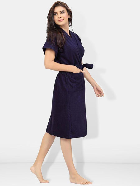 Be You Navy Blue Solid Cotton Drawstring Knee Length Bath Robe