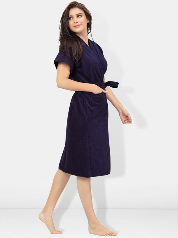 Be You Navy Blue Solid Cotton Drawstring Knee Length Bath Robe