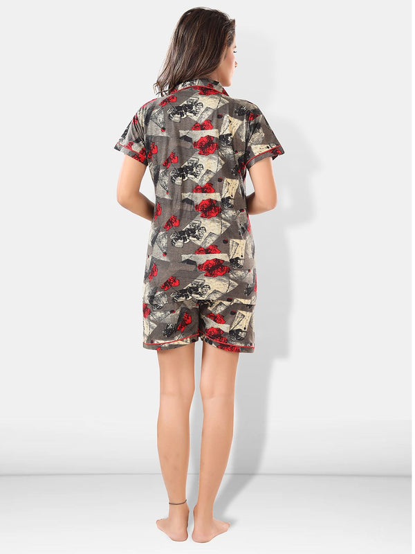 Be You Women Brown & Red Printed Lapel Collar Night Suits