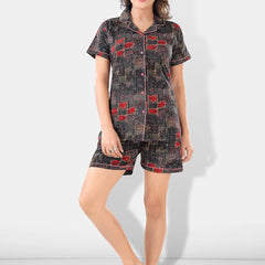 Be You Women Black & Red Printed Pajama & Shorts with Shirt Night Suits
