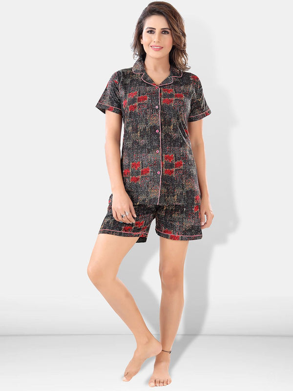 Be You Women Black & Red Printed Pajama & Shorts with Shirt Night Suits