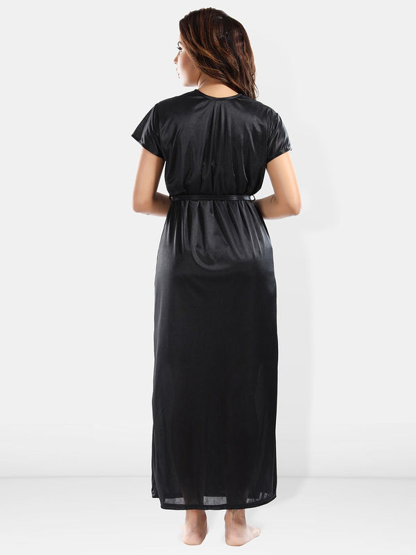 Be You Shoulder Straps Laced Nightdress With Satin Robe And Briefs