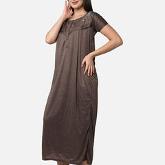 Be You Women Coffee Brown Embroidered Maxi Maternity Nightdress
